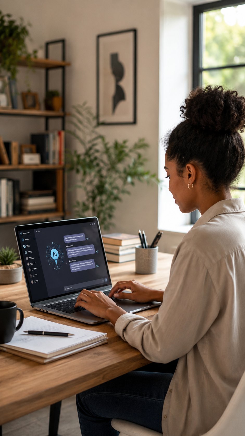 Person using AI tools on a laptop with an AI chat interface on screen