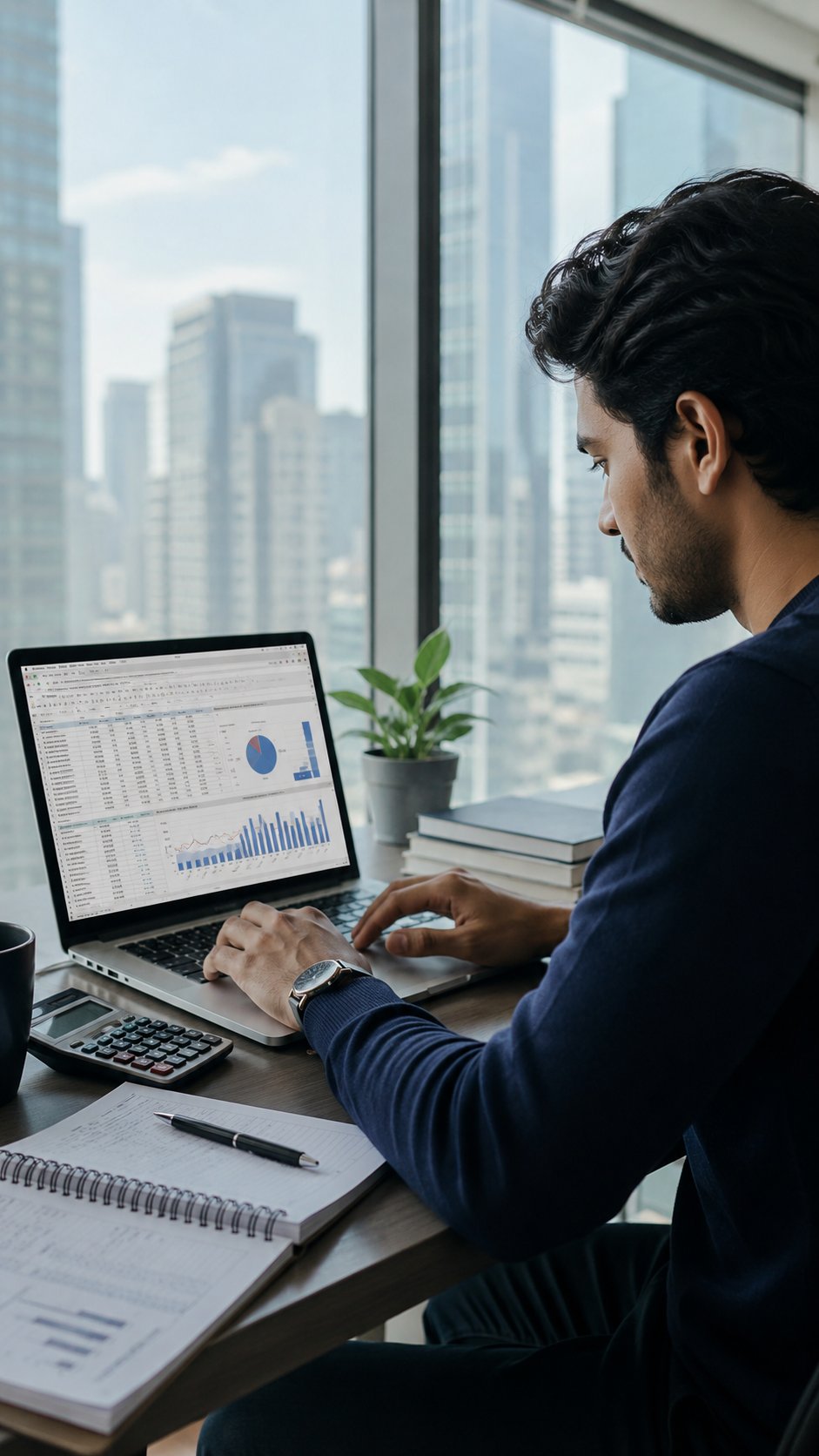 Person building a financial model spreadsheet on a laptop