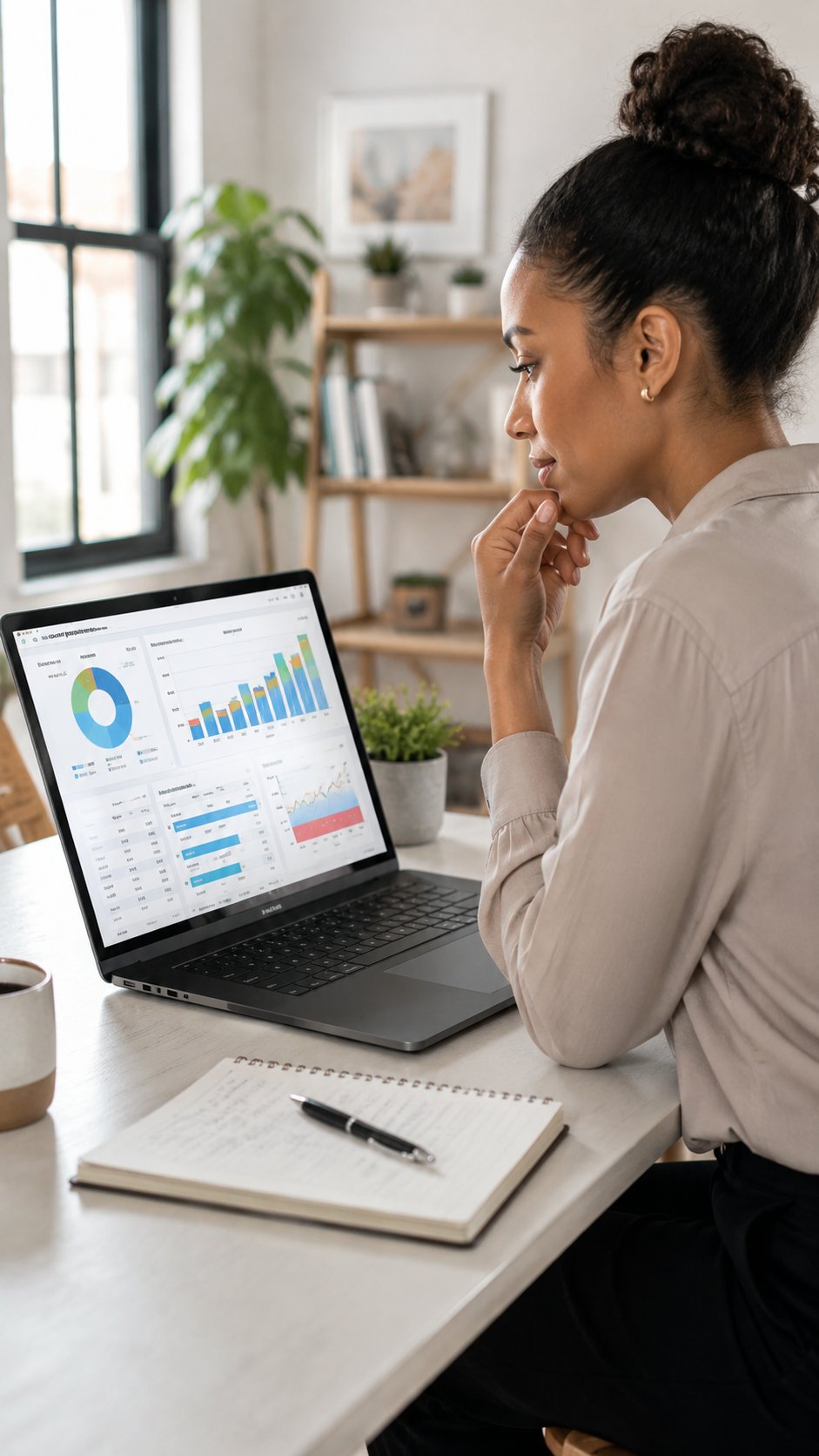 Woman analyzing charts and data on a large laptop screen