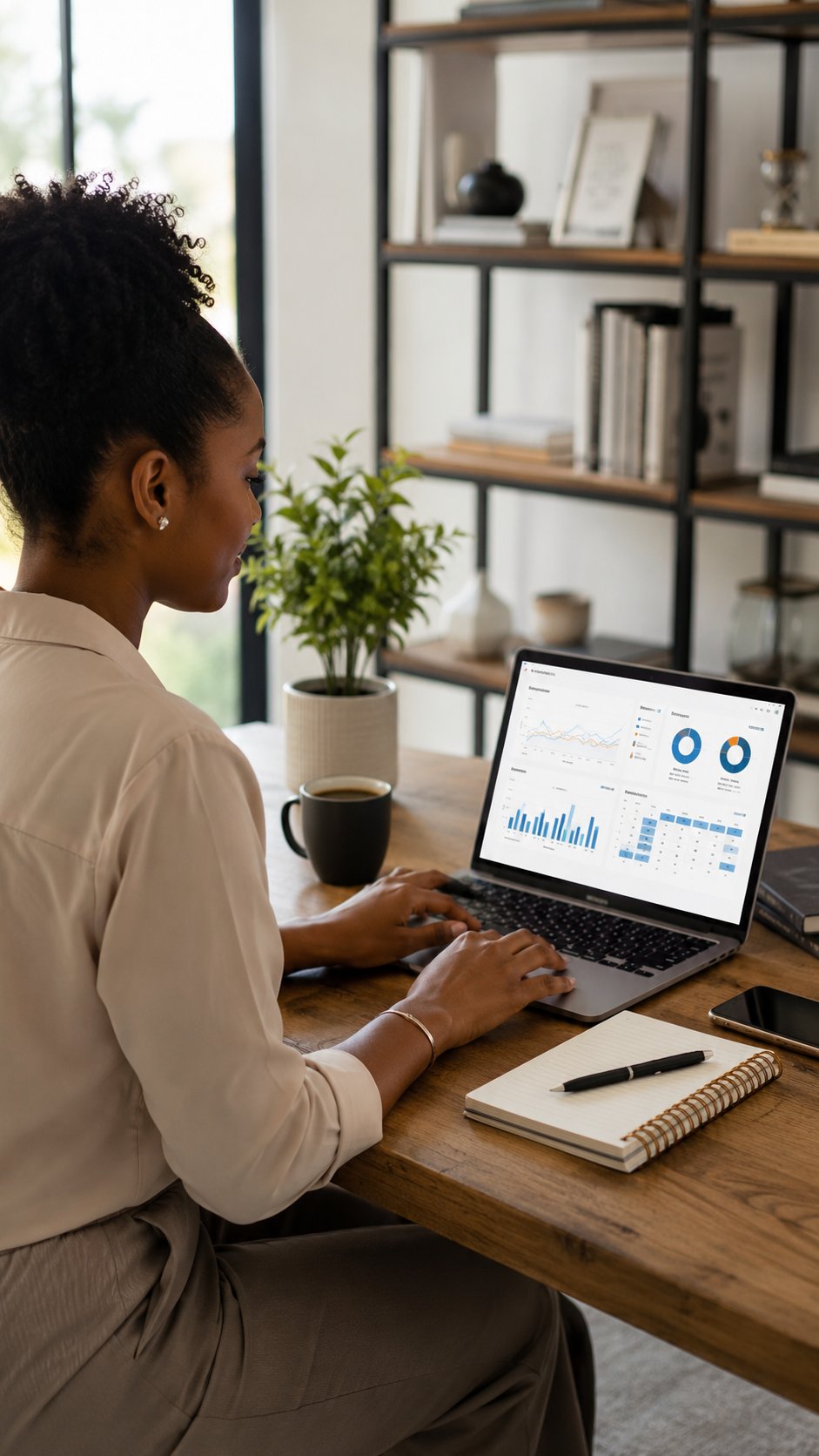 Woman running digital marketing with analytics and a content calendar on a laptop