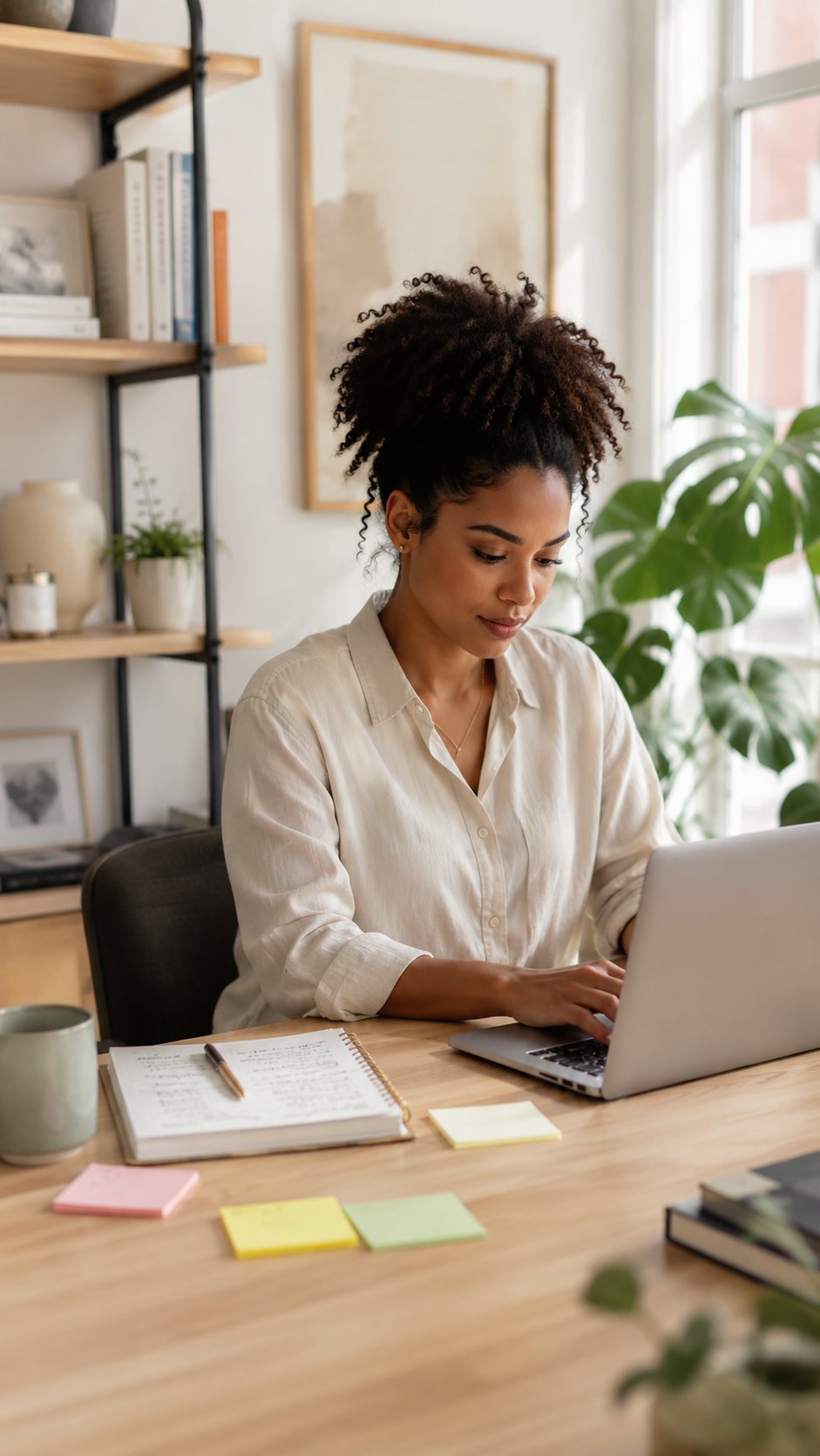 Copywriter writing on a laptop at a tidy desk with a notebook