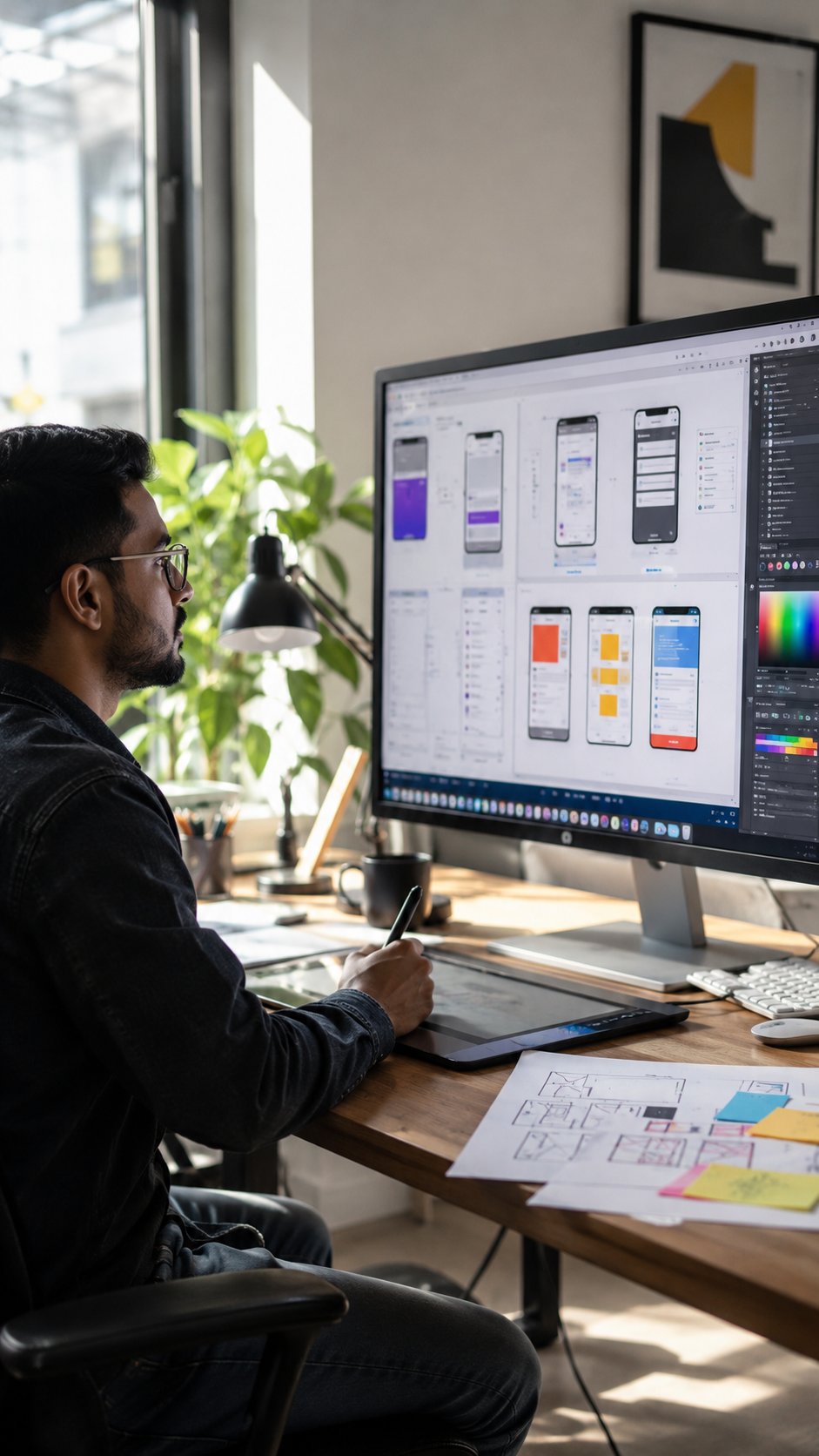 Designer working on a UX/UI layout on a large screen with a stylus