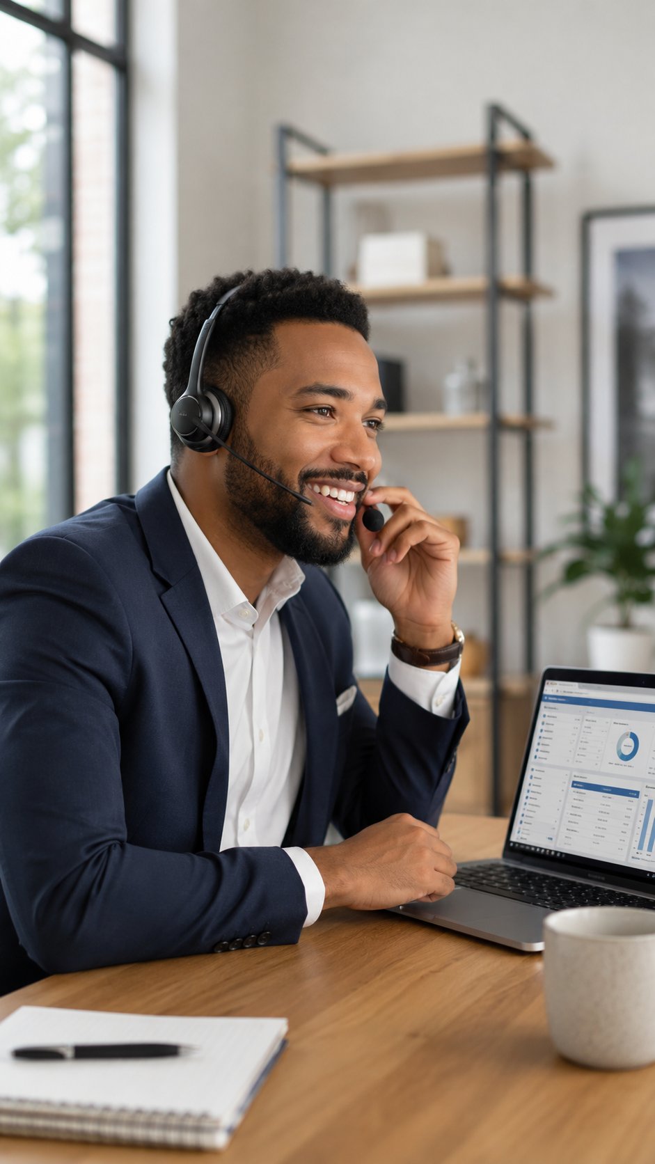Confident salesperson on a headset call at a desk