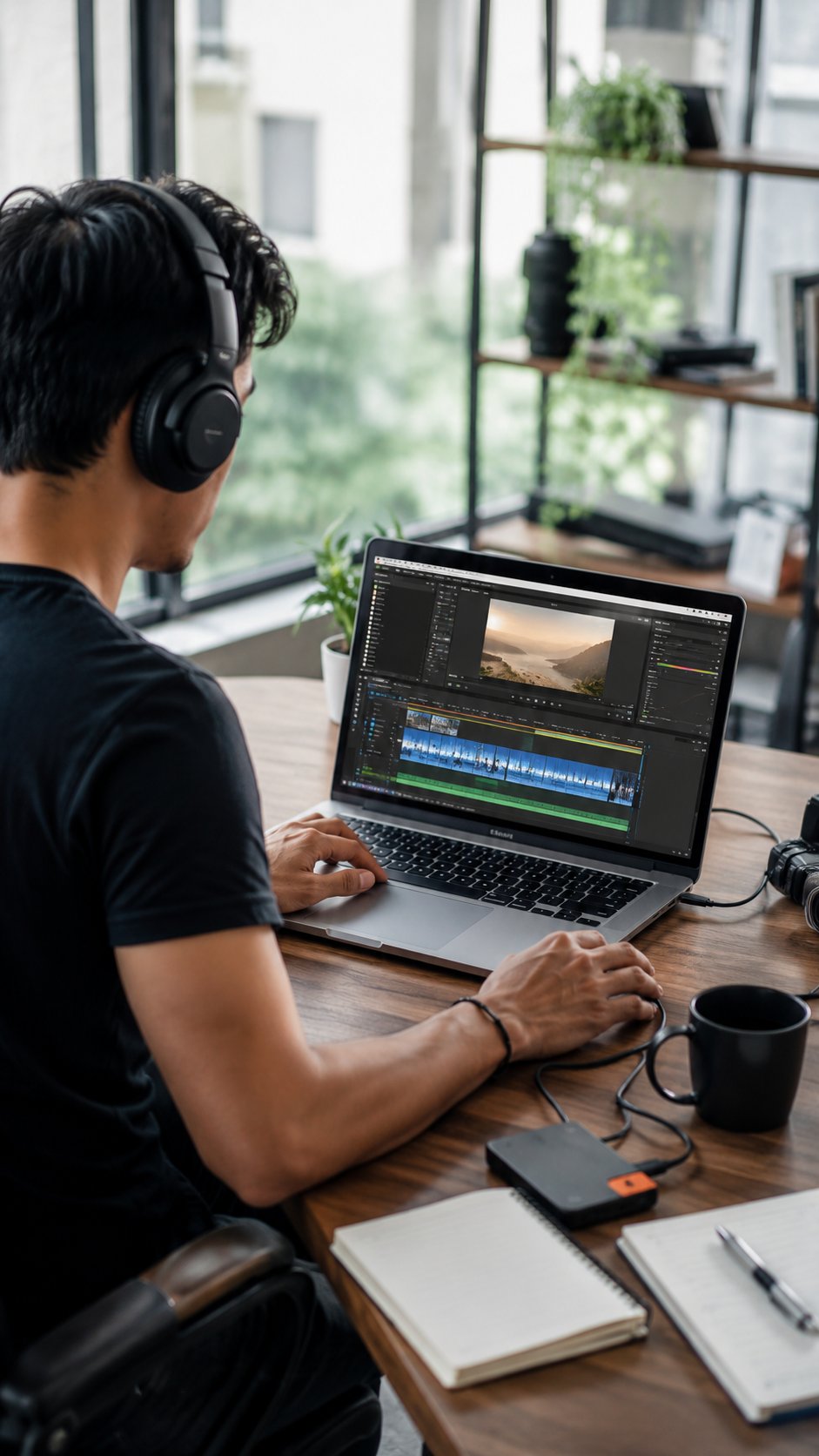 Video editor working on a timeline on a laptop with headphones