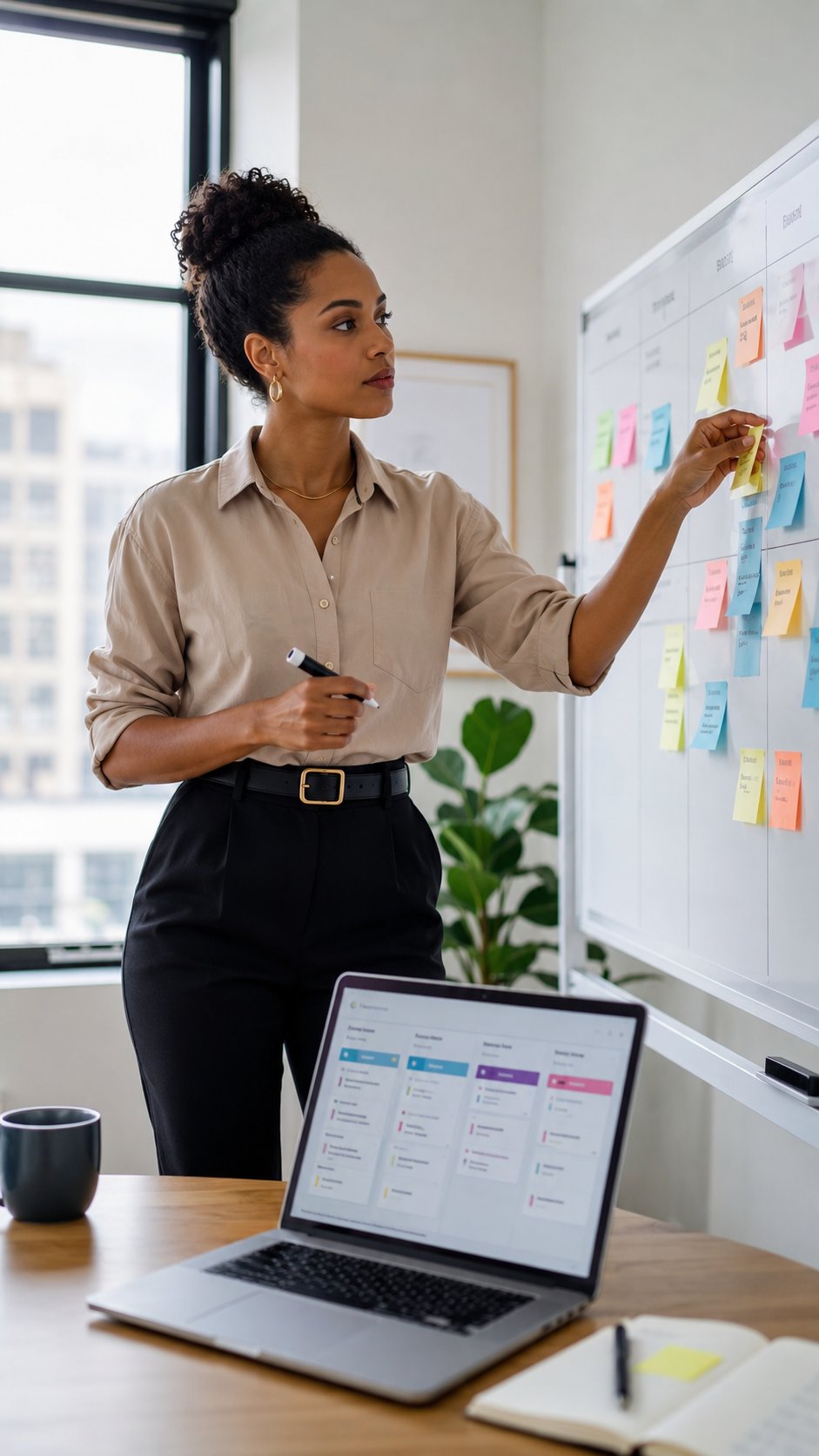 Project manager coordinating tasks on a board and laptop
