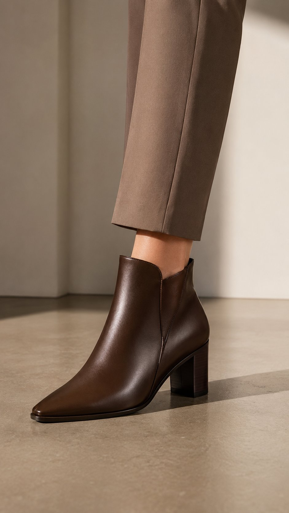 A sleek leather ankle boot worn under tailored trousers