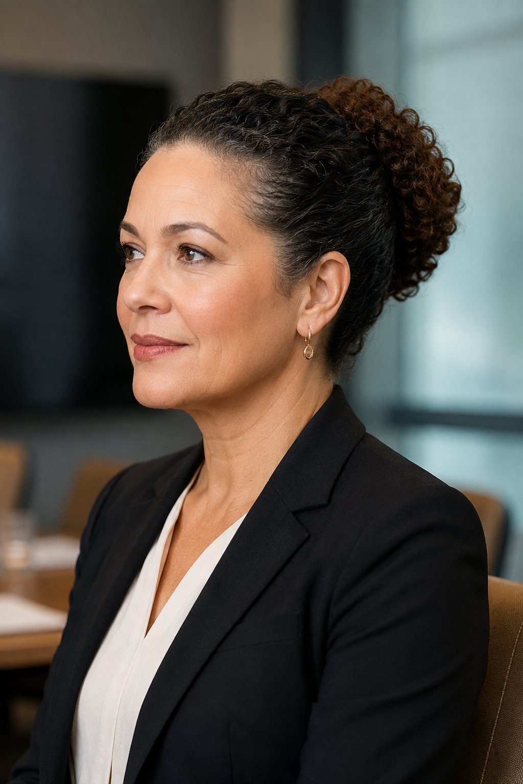 Woman with a sleek curly chignon, smooth sides and textured bun