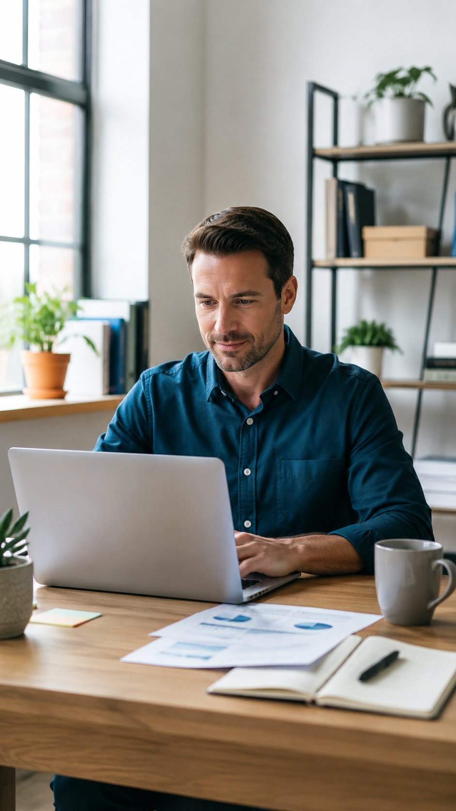 Small business owner reviewing loan paperwork on a laptop at a desk
