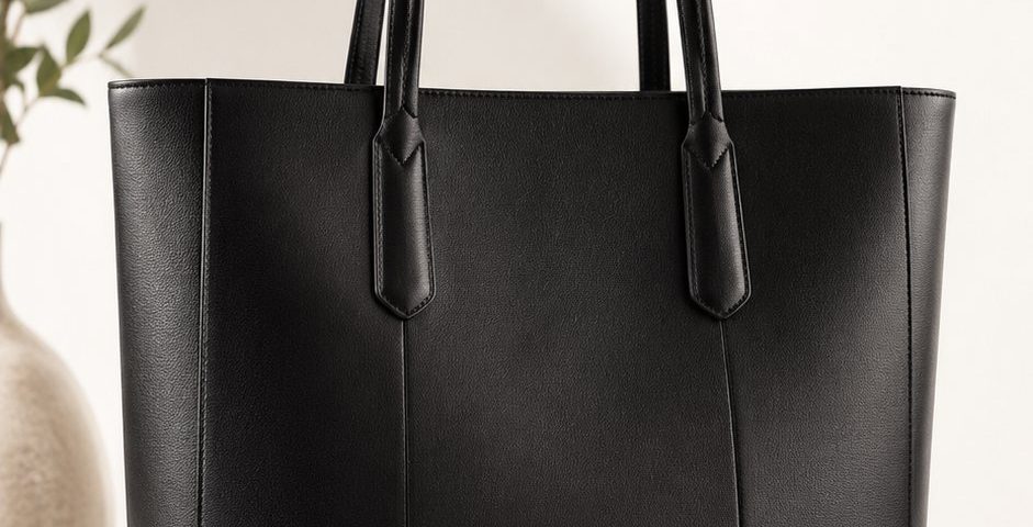 structured black leather work tote