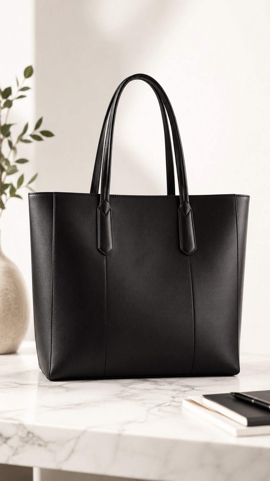Structured black leather work tote standing upright on a clean surface