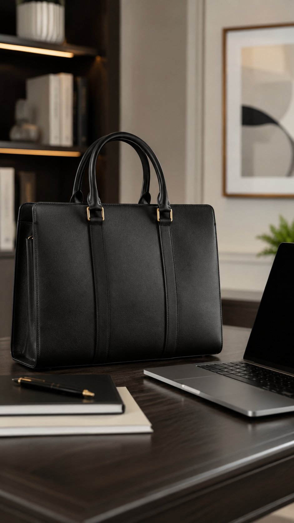 Structured leather satchel briefcase on a desk beside a laptop