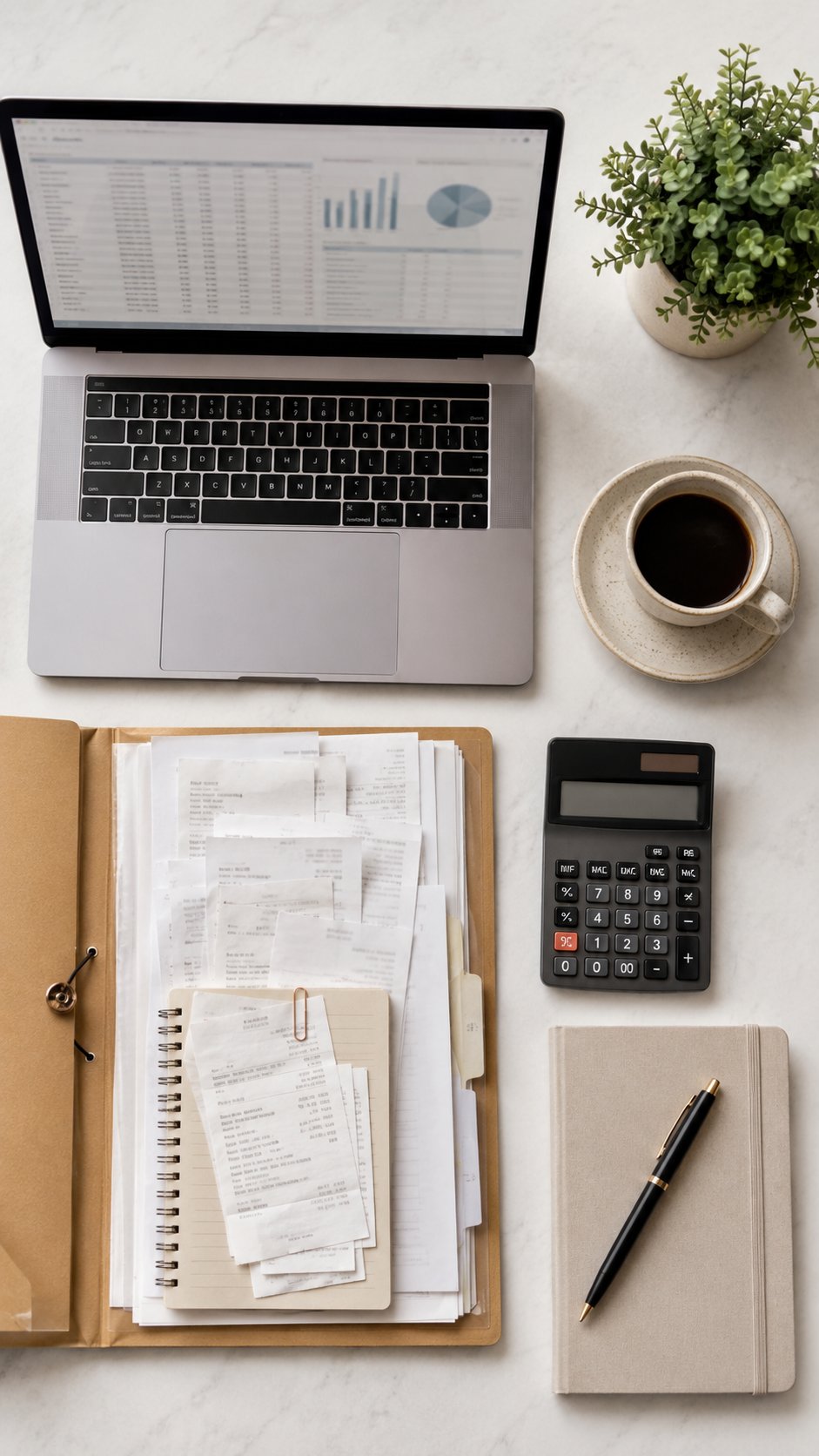 Flat lay of tax deduction receipts, laptop, calculator and coffee