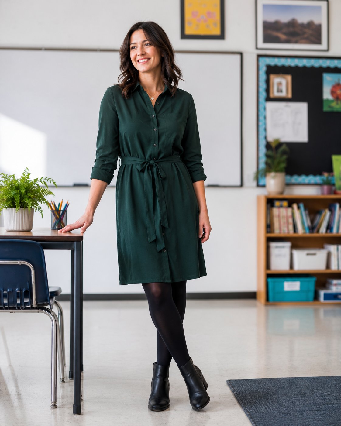Woman teacher in a floral midi dress with a denim jacket and clean flats