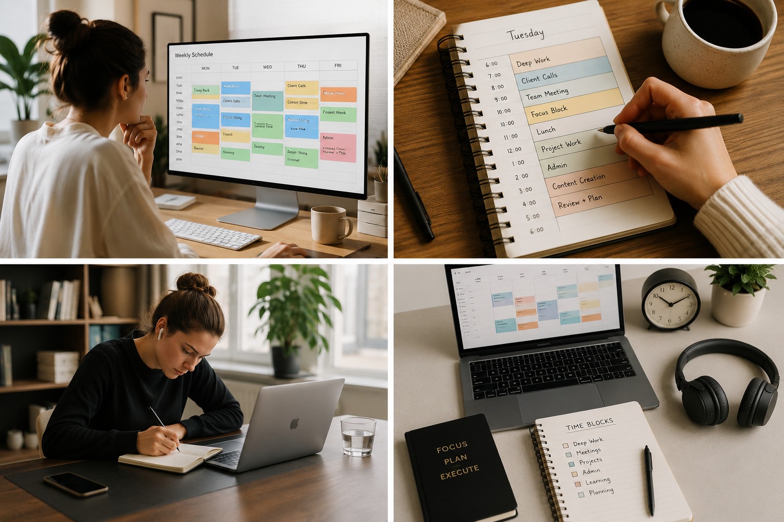 Focused founder at a clean desk with a color-blocked weekly calendar on screen