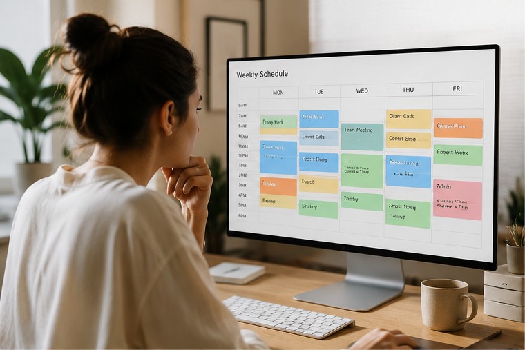 Paper planner with neatly time-blocked sections and a coffee beside it