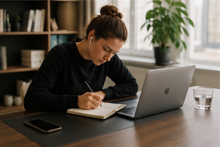 Tidy workspace flat-lay with laptop calendar app, planner and headphones