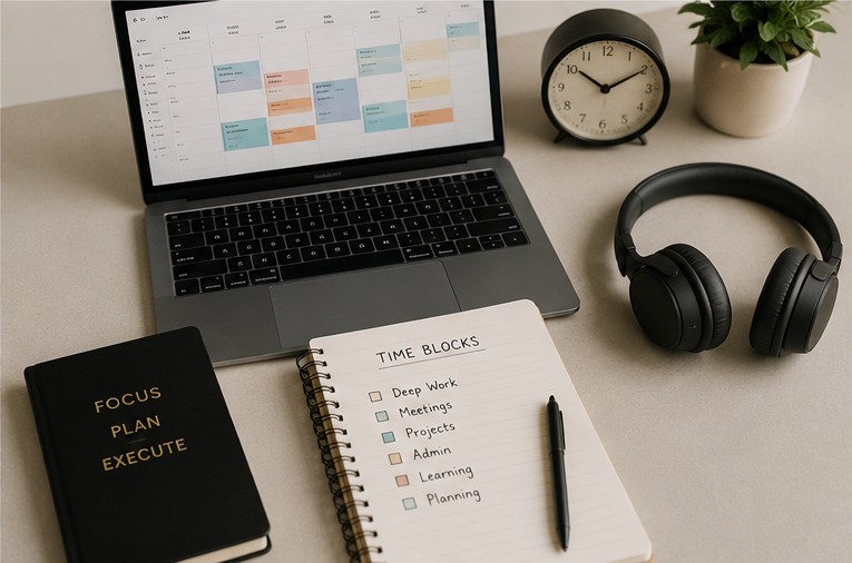 Organised founder reviewing a themed weekly plan in a calm modern workspace