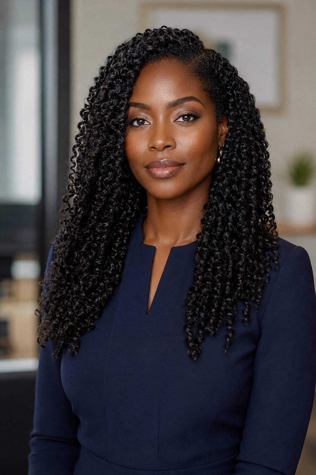 Woman with a twist-out showing elongated, glossy curl definition