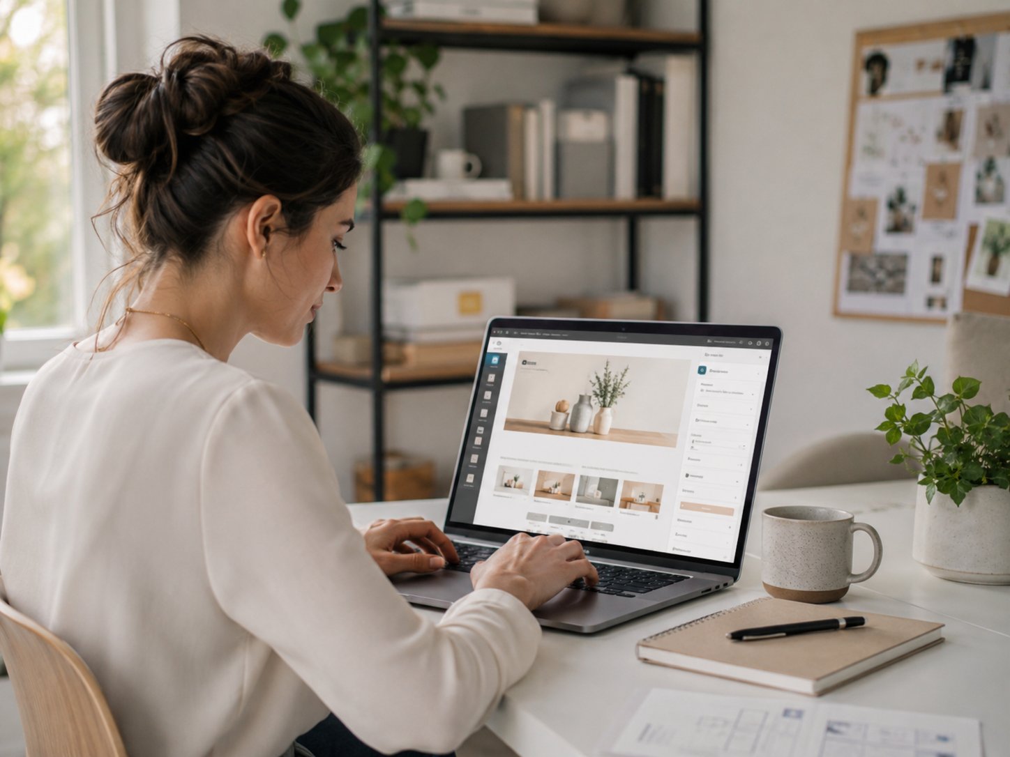 Woman building her website on a laptop at a bright desk