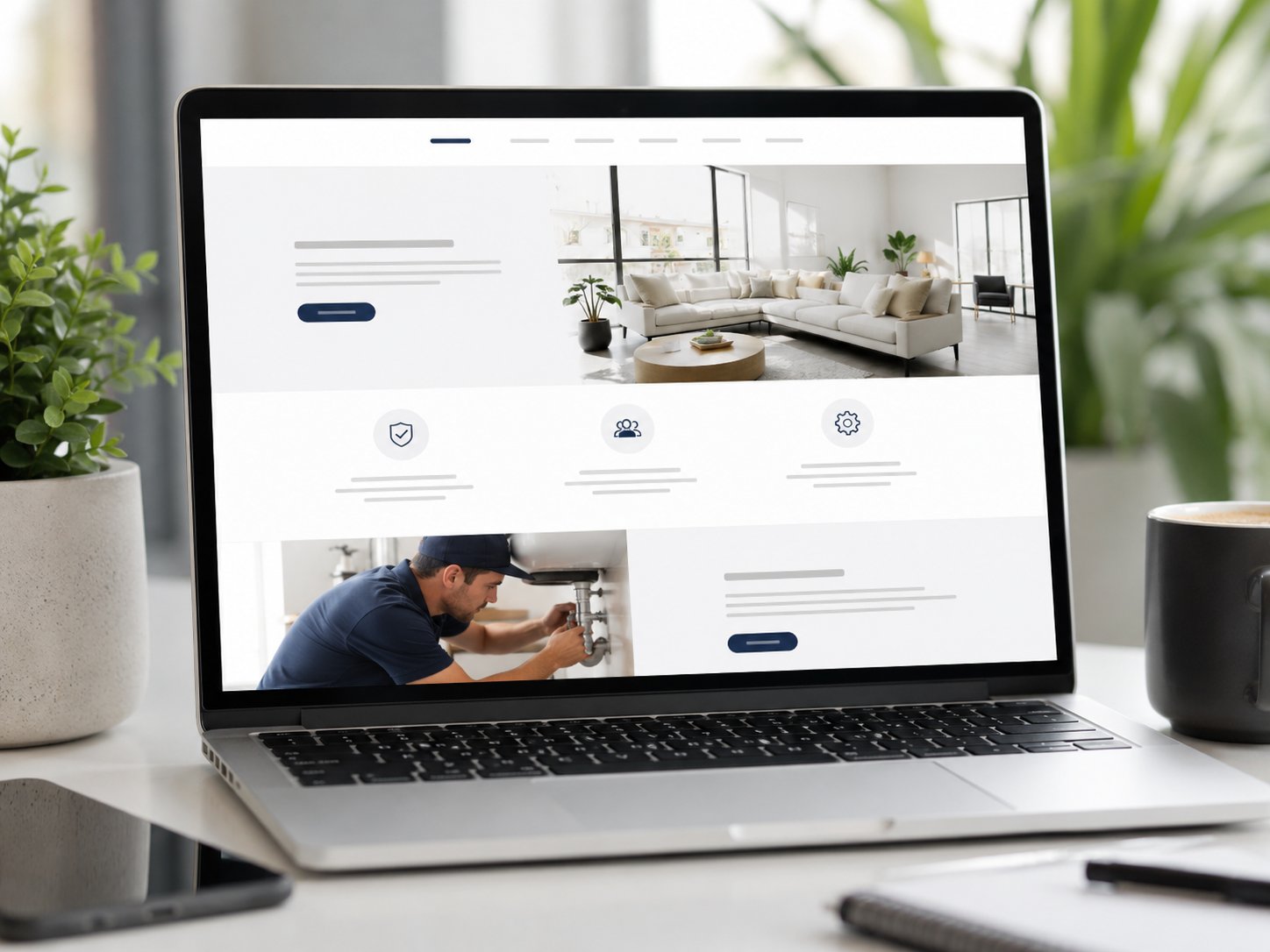 Close shot of a laptop showing a clean modern service-business homepage