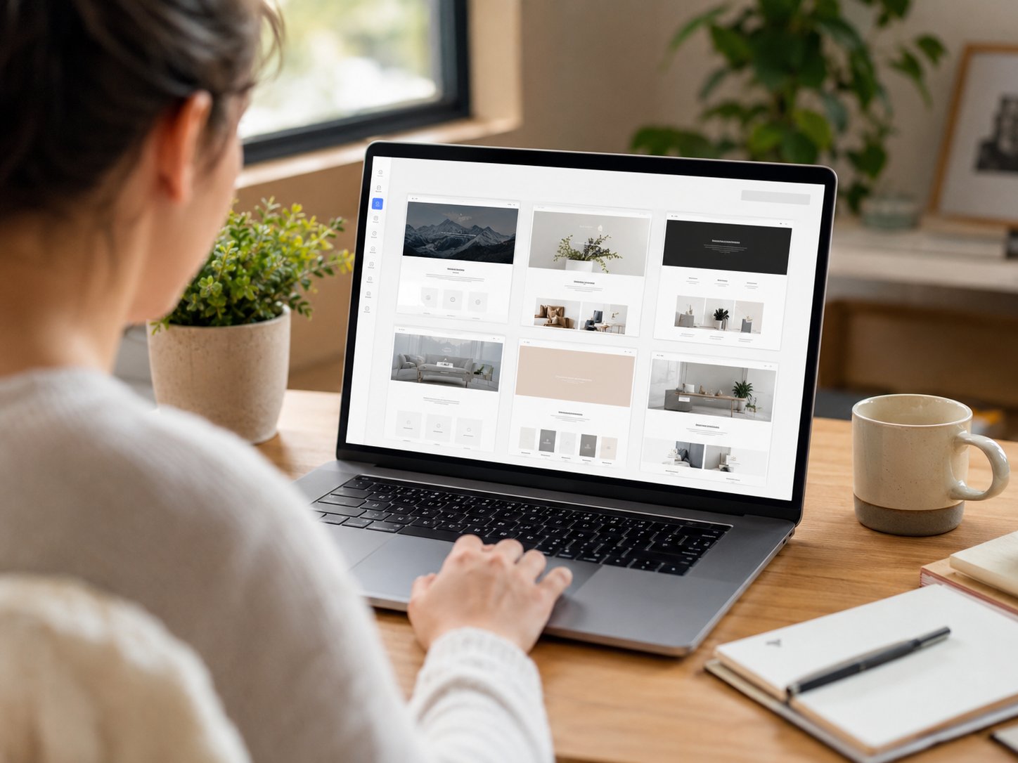 Person choosing a website template on a laptop with layout options