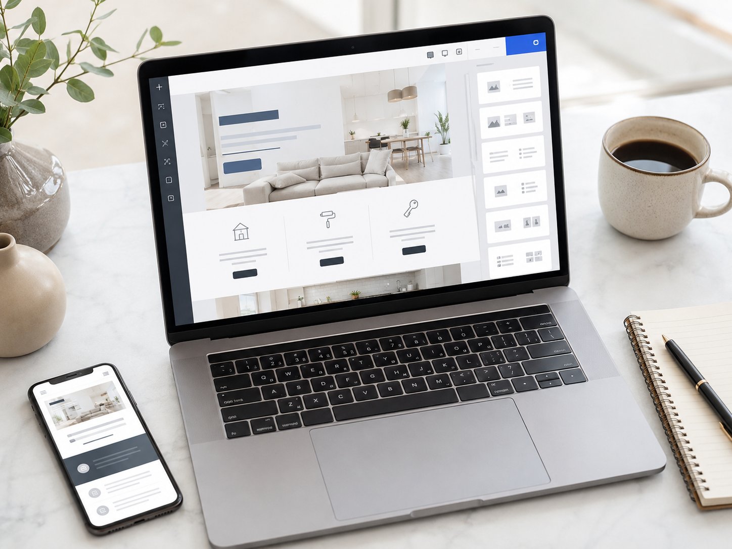 Flat-lay of a laptop with a website builder open, phone, notebook and coffee