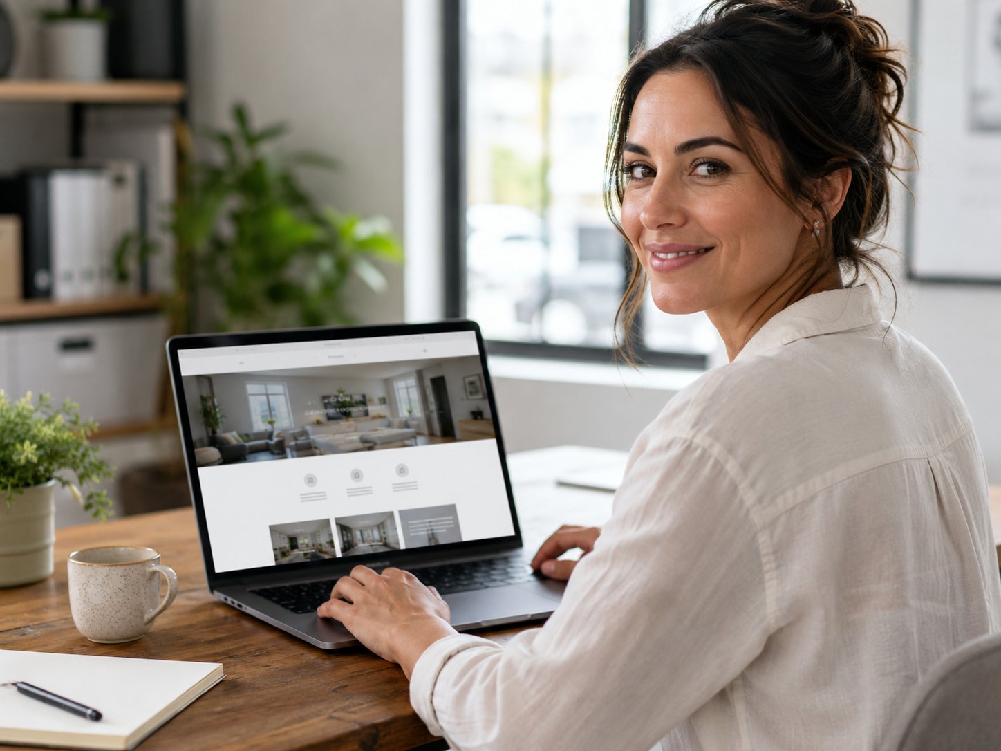 Confident small-business owner at a laptop with her website live on screen