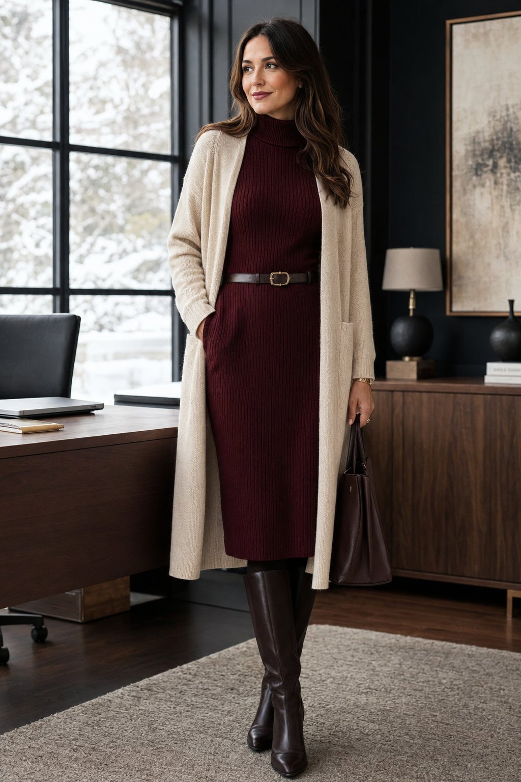 Flat-lay of a winter work capsule wardrobe in a coordinated winter palette