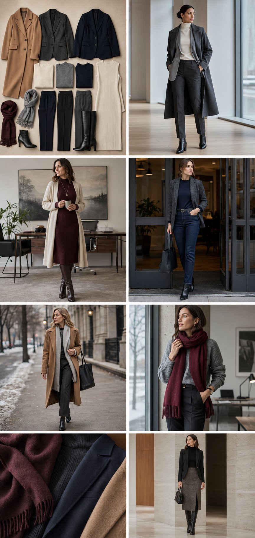 Woman in tailored trousers, a turtleneck and a neutral blazer under a wool coat