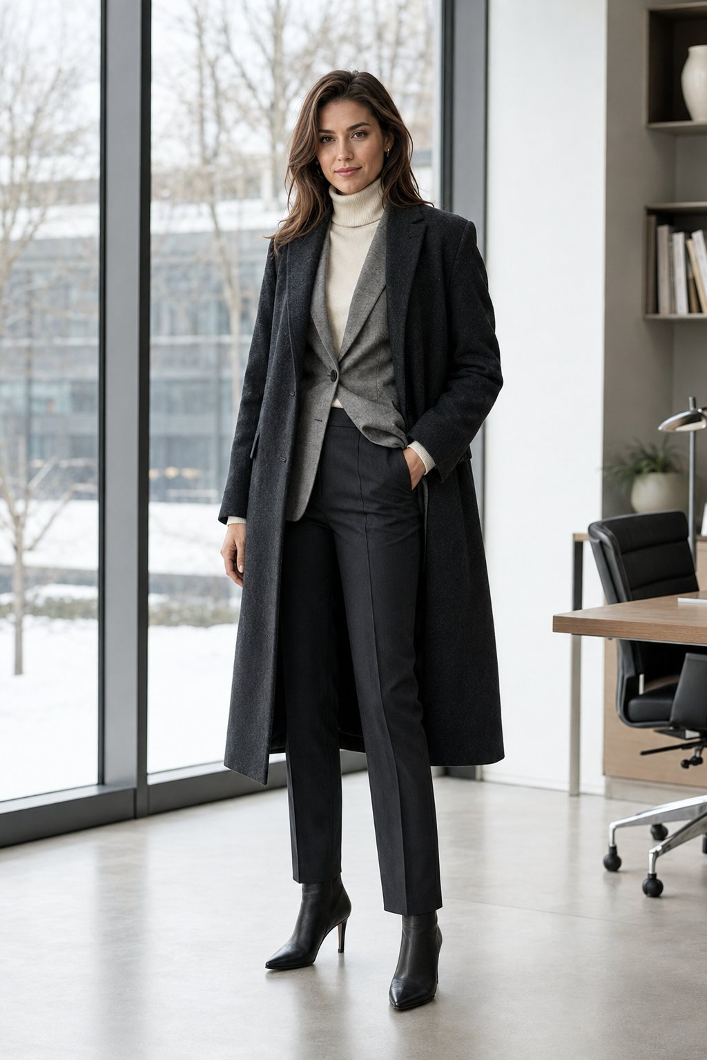 Woman in dark jeans, a fine knit and a textured blazer with ankle boots