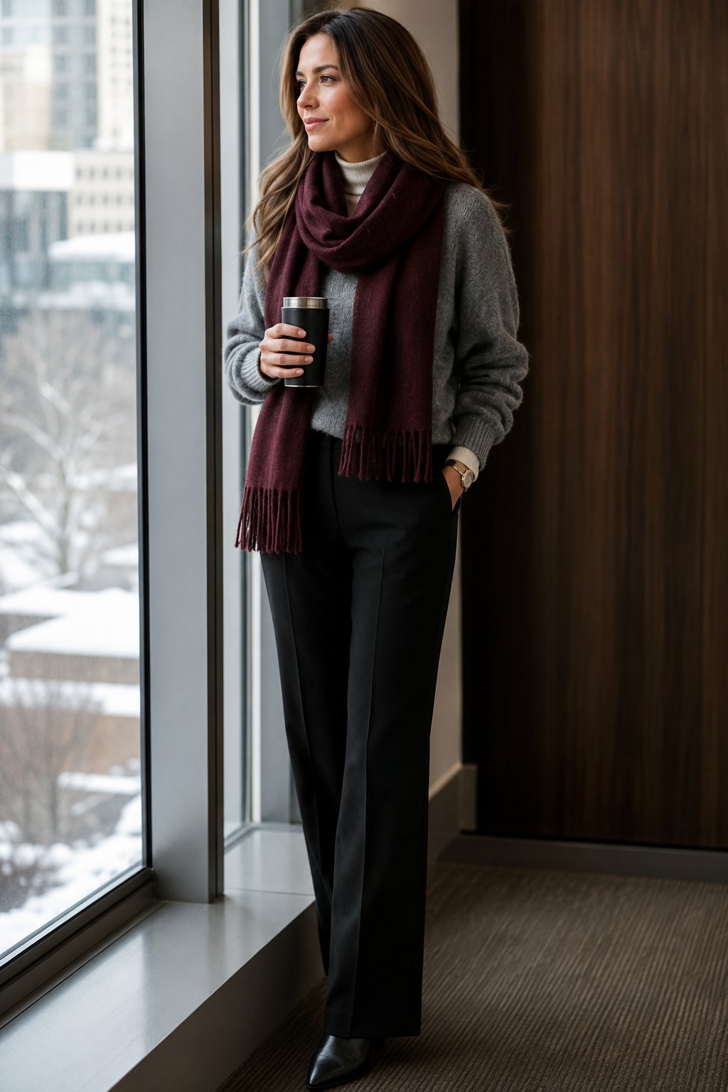 Woman layered in a base layer, a chunky sweater and a scarf, warm and polished