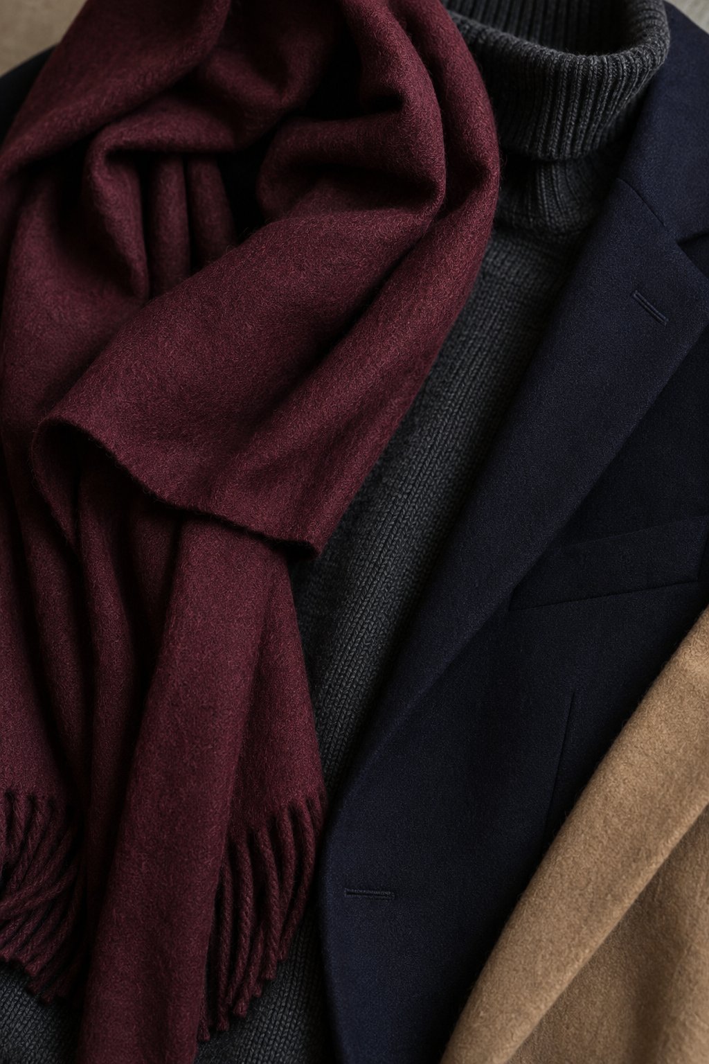 Close shot of winter layering textures, a wool scarf over a fine knit and blazer