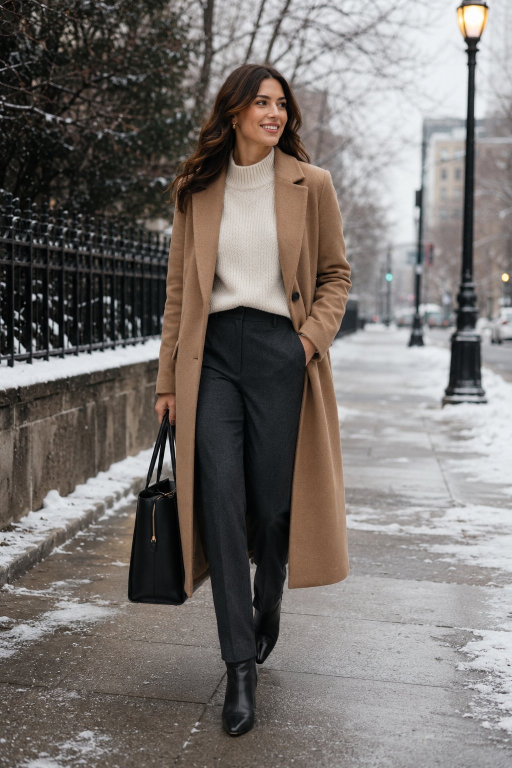 Woman in a skirt with opaque tights, a turtleneck and knee-high boots