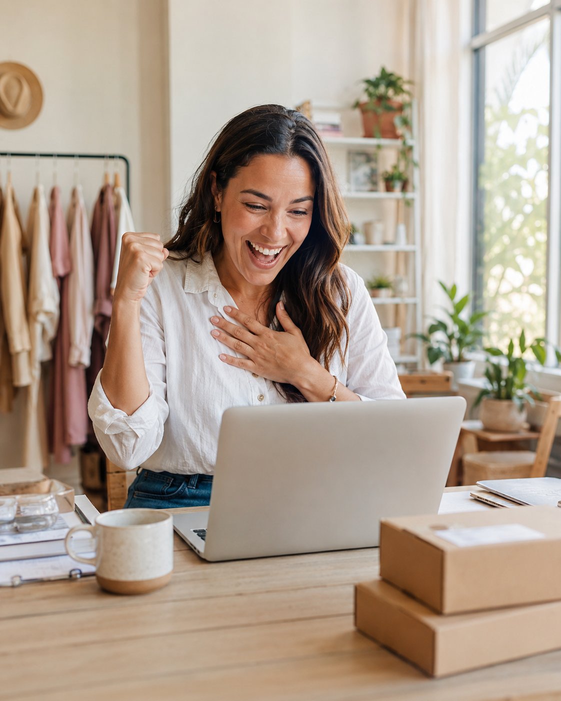 Woman founder smiling at good news on her laptop