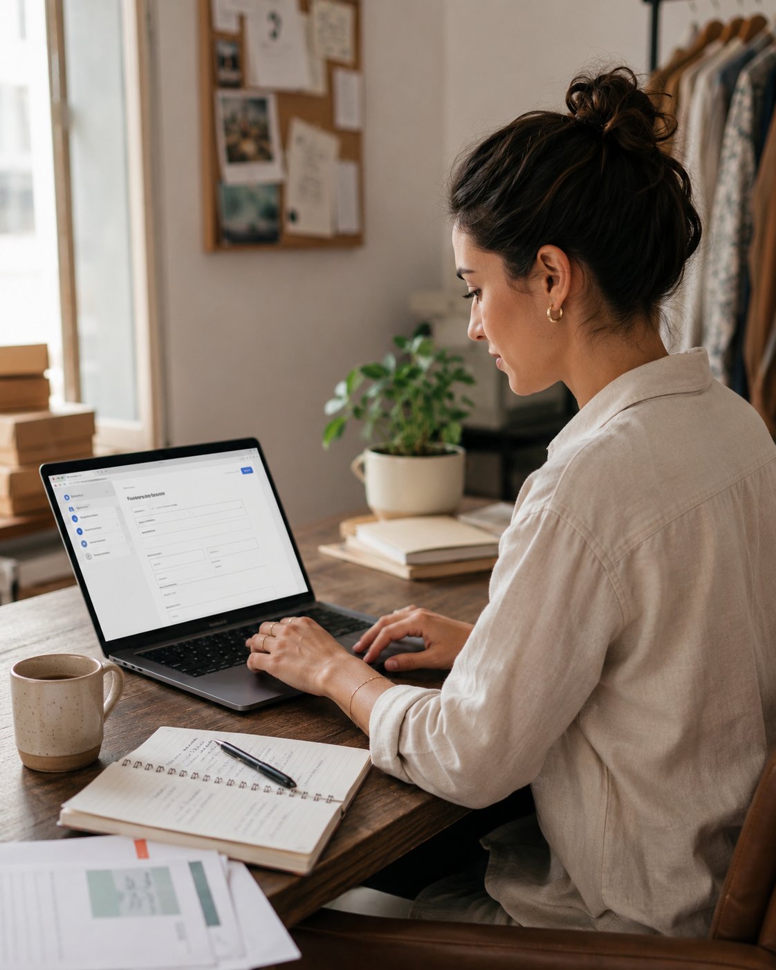 Woman founder working on a grant application on a laptop at a bright desk