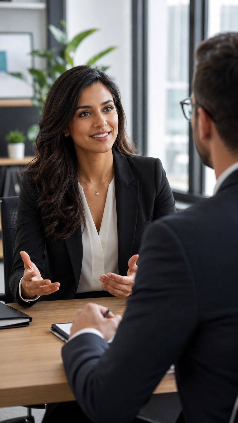 Woman in a calm positive salary negotiation across a desk