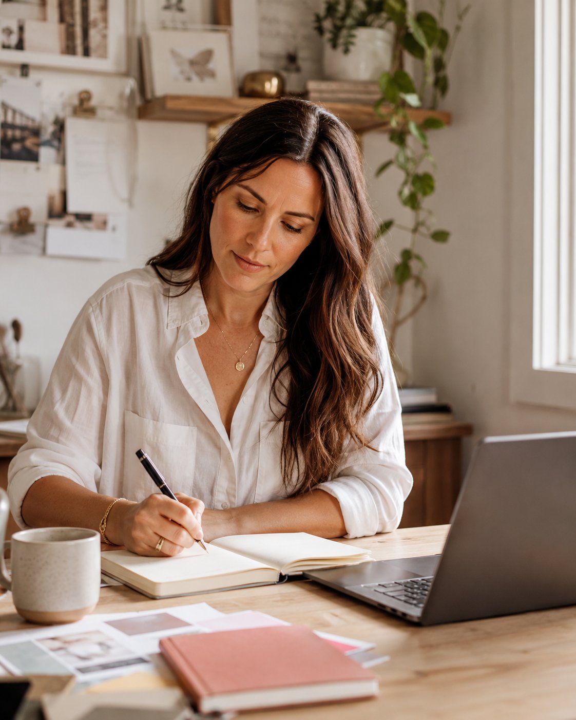 Woman writing planning notes in a notebook beside a laptop