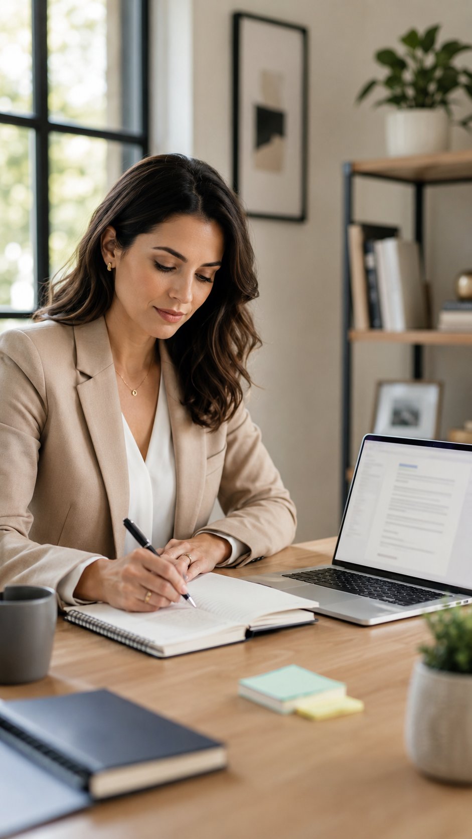 Woman writing notes to prepare her counter-offer at a tidy desk