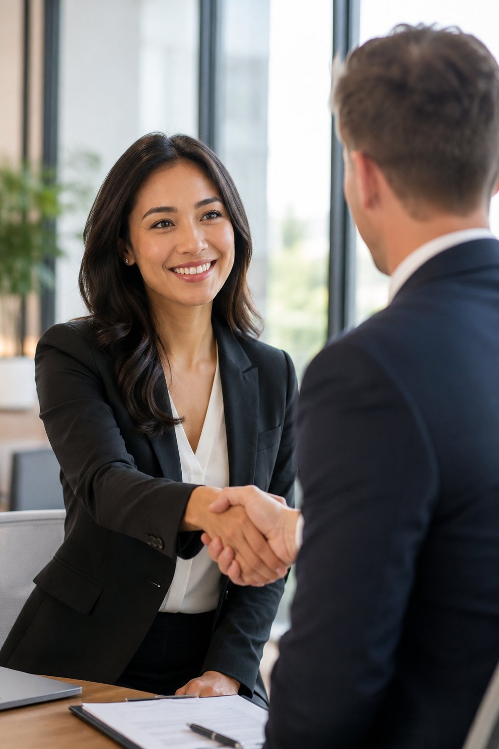 Woman preparing interview notes at her desk before a meeting