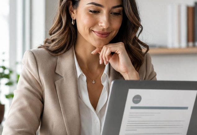 woman reviewing job offer laptop