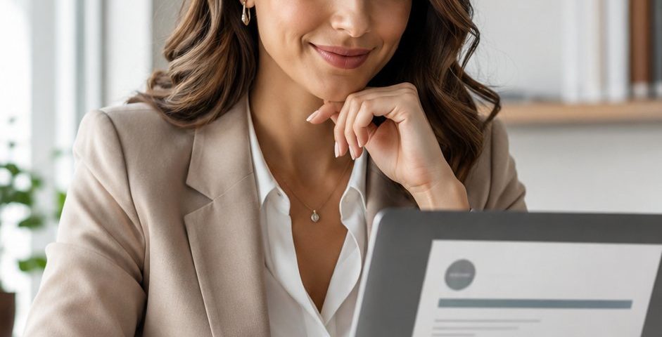 woman reviewing job offer laptop