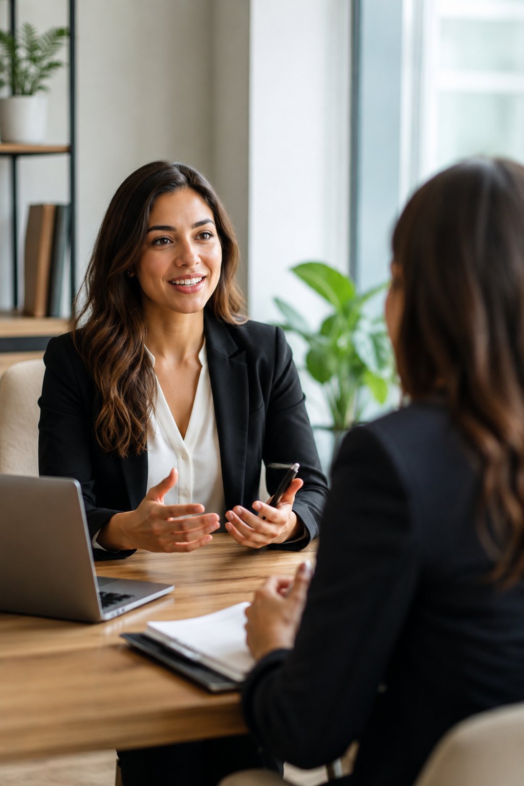 Woman on a video job interview at a clean desk, composed