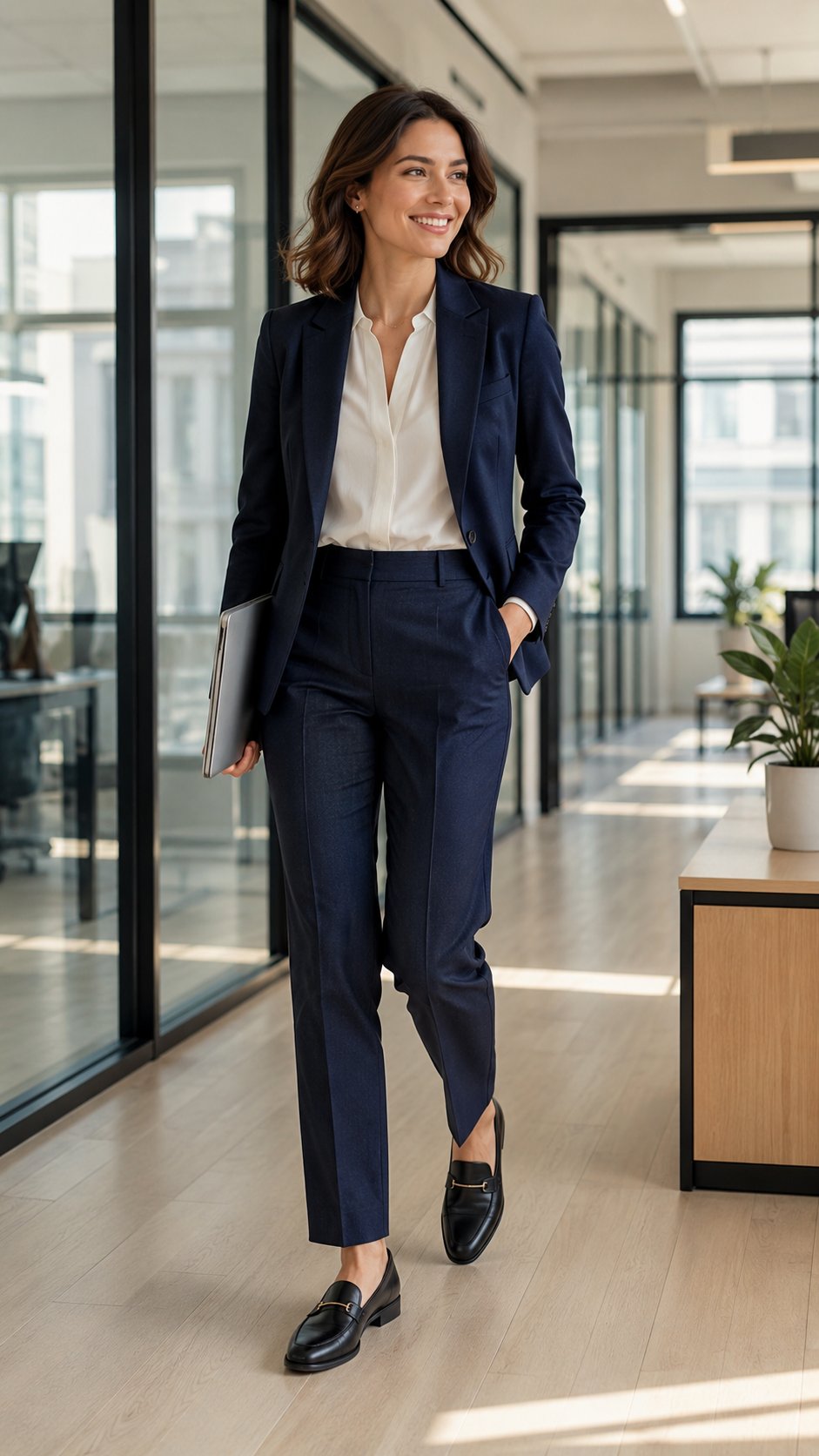 A woman in tailored trousers and loafers walking comfortably through an office