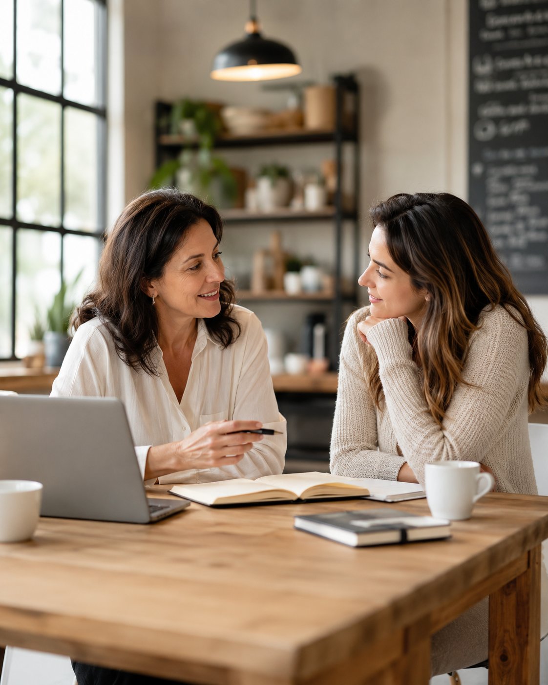 Two women in a warm mentoring conversation in a bright space