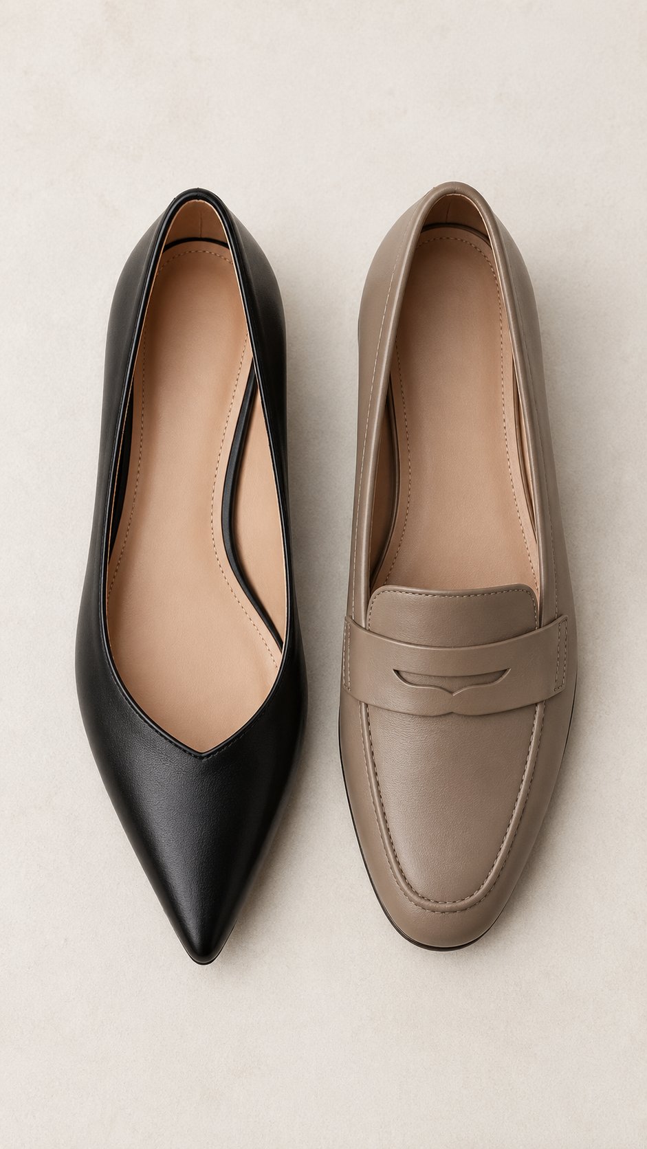 A pointed leather flat and a loafer arranged neatly side by side