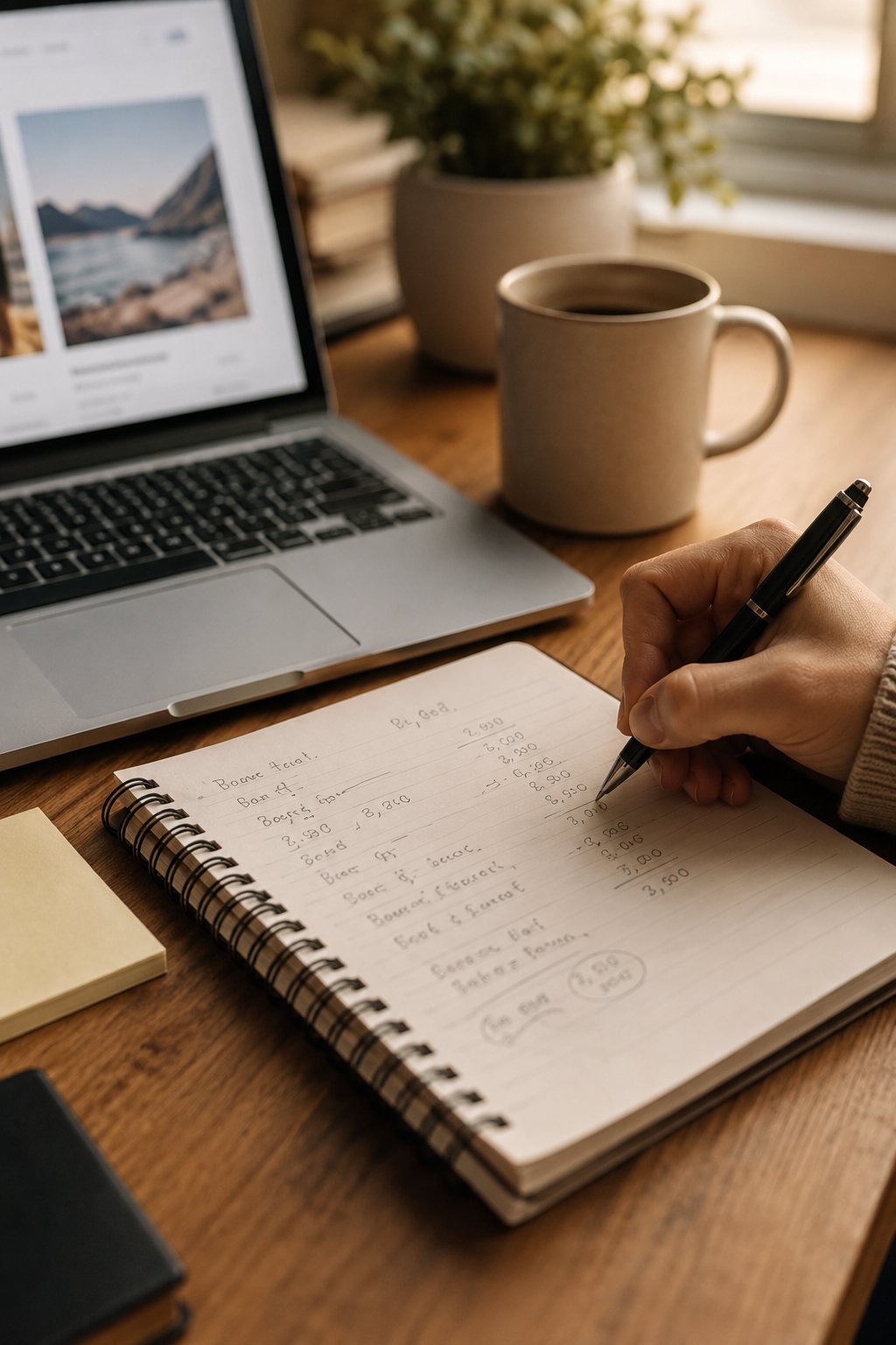 Hand writing freelance rate figures in a notebook beside a laptop and coffee